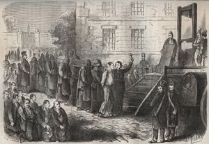 Eine Hinrichtung im Toulon-Bagne im 19. Jahrhundert. Gravur in „Histoire des bagnes depuis leur création à nos jours“ (1877) von Pierre Zaccone (1817-1895). Private Sammlung.