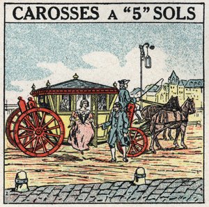 Tierische Zugkraft: eine Kutsche mit 5 Etagen, ein Transportmittel, das unter Ludwig XIV. in Frankreich den Bürgerlichen vorbehalten war. Anonyme Illustration von 1925. Private Sammlung.