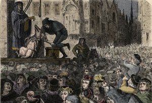 Tierprozesse im Mittelalter - Hinrichtung der Kindsmörder-Sau von Falaise - Gravur aus „L