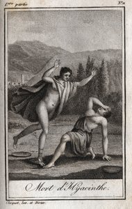 Apollo und Hyacinthos (Tod von Hyacinthos). Gravur von 1819 in „Lettres à Emilie sur la mythologie“ von Charles Albert Demoustier (1760-1801). Private Sammlung.