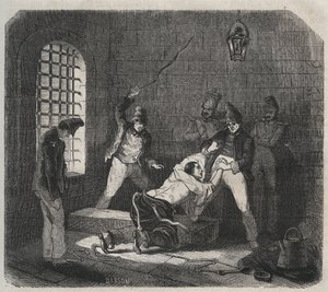 Bagne von Brest: Prügelstrafe. Gravur in „Histoire des bagnes depuis leur création à nos jours“ (1877) von Pierre Zaccone (1817-1895). Private Sammlung von Anonymous Anonymous