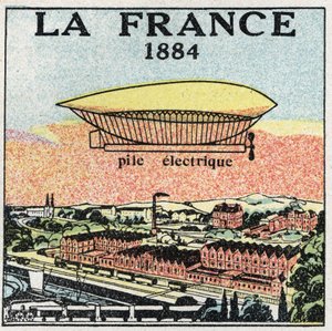 Ballons: das Luftschiff „La France“ im Jahr 1884 mit der von den Franzosen Renard und Krebs erfundenen elektrischen Batterie. Anonyme Illustration von 1925. Private Sammlung.