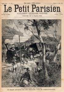 Banditentum in der Türkei, ein Zug wird in der Nähe von Konstantinopel von Räubern überfallen. Gravur in „Le petit Parisien“ von 1891. Private Sammlung. von Anonymous Anonymous
