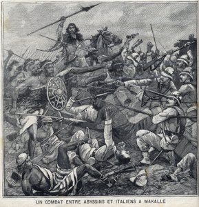 Schlacht zwischen den Abessiniern von Menelik II. und den Italienern in Makalle, Äthiopien. Gravur in „Le Petite Parisien“ von Anonymous Anonymous