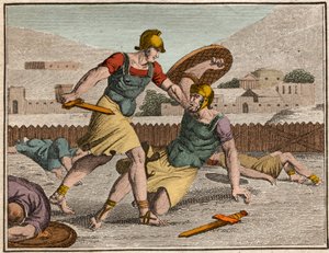 Schlacht der Horacier und Curiacier - Schlacht zwischen Horatii und Curiatii - Gravur aus „The Rollin of Youth or Selected Pieces of Ancient and Roman Stories“ 1816 - Private Sammlung von Anonymous Anonymous