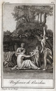 Geburt des Bacchus, Sohn von Jupiter und Semele. Gravur von 1819 in „Lettres à Emilie sur la mythologie“ von Charles Albert Demoustier (1760-1801). Privatsammlung.