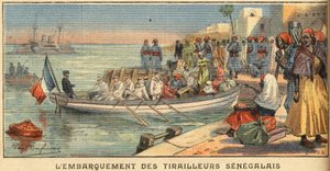 Einschiffung senegalesischer Reiter mit ihren Frauen. Gravur aus der Zeitung 
