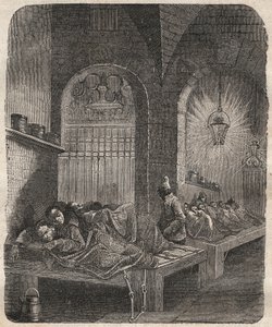 Das Brest-Bagne bei Nacht. Gravur in „Histoire des bagnes depuis leur création à nos jours“ (1877) von Pierre Zaccone (1817-1895). Private Sammlung.