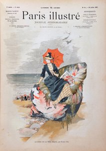 Am Meer, Allegorie von Habert Dys. Elegante Frau mit einem Regenschirm, die auf einer riesigen Muschel sitzt und am Strand posiert. Gravur von 1887 in „Paris-Illustrous journal weekly“.