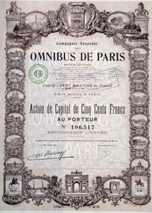 Aktie über 500 Francs in der Pariser Omnibusgesellschaft, 20. Jahrhundert Private Sammlung