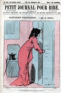 Karikatur über Pariser Paare. Eine Frau mit ihrem Liebhaber bittet das Dienstmädchen, ihren Termin mit einem anderen Mann abzusagen: „Sag ihm, dass Mama hier ist und ich gehen muss.“ Gravur in „Petit Journal pour Rire“ von Anonymous Anonymous