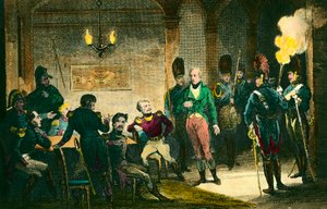 Fall von Louis de Bourbon, Herzog von Enghien (1772-1804): Szene des Prozesses des Prinzen, der verdächtigt wird, gegen den ersten Konsul Napoleon Bonaparte konspiriert zu haben, er wurde ohne Beweise verurteilt und hingerichtet. Gravur von 1804. Privatsam