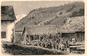 Feier des katholischen Gottesdienstes in Saint-Ursanne in der Schweiz im Jahr 1874, nach einer Fotografie. Gravur in „Les Missions Catholiques au XIXème Siècle“ von Louis-Eugène Louvet. Private Sammlung.