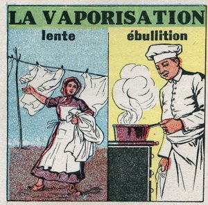 Zustandsänderungen: langsame Verdampfung (Windeinwirkung) oder Kochen (Hitze unter einer Pfanne). Anonyme Illustration von 1925. Private Sammlung.