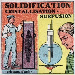 Zustandsänderungen: Erstarrung und Kristallisation. Bildung von Stahlkristallen und Überfusion von Phosphor. Anonyme Illustration von 1925. Private Sammlung. von Anonymous Anonymous