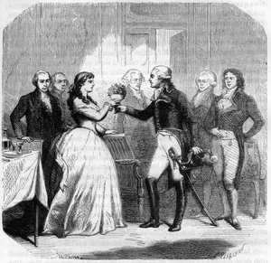 Charles Francois du Perier dit Dumouriez (1739-1823), französischer General bei Madame Roland (Manon Roland) (1754-1793) - Gravur in „Histoire des Girondins“ von Alphonse de Lamartine (1790-1869) 1865-1866 - Private Sammlung