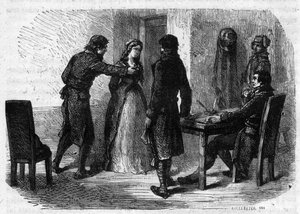 Charlotte Corday (1768-1793) verhört von François Chabot (1756-1794) - Gravur in „Histoire des Girondins“ von Alphonse de Lamartine (1790-1869) 1865-1866. Private Sammlung von Anonymous Anonymous