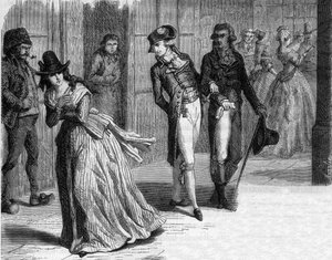 Charlotte Corday beim Messerschmied Badin, unter den Arkaden des Palais-Royal im Jahr 1793 - Gravur in „Histoire des Girondins“ von Alphonse de Lamartine (1790-1869) 1865-1866 - Privatsammlung von Anonymous Anonymous