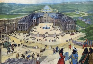 Bau des Schlosses von Versailles im Jahr 1678 nach den Plänen von Jules Hardouin-Mansart im Vordergrund König Ludwig XIV. von Anonymous Anonymous