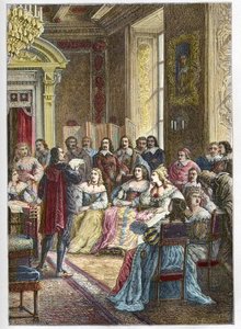 Corneille liest seine Tragödie Polyeucte im Hotel de Rambouillet vor Catherine de Vivonne, Marquise de Rambouillet, und in Anwesenheit der Reiter und Männer der Kirche (Bossuet war auch einer der Stammgäste der Blauen Kammer) - Pierre Corneille