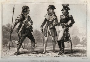 Kostüme unter der Konvention. Gravur von 1859 in „Le Monde. Geschichte aller Völker von den frühesten Zeiten bis zur Gegenwart“ von M. E. de Lostalot-Bachoue. Private Sammlung.