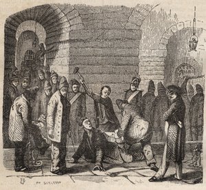 Kopplung im Rochefort Bagne im 19. Jahrhundert. Gravur in „Histoire des bagnes depuis leur création à nos jours“ (1877) von Pierre Zaccone. Private Sammlung. von Anonymous Anonymous