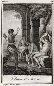 Diana und Actaeon. Diana überrascht im Bad von dem Jäger Actaeon. Gravur von 1819 in „Lettres à Emilie sur la mythologie“ von Charles Albert Demoustier (1760-1801). Private Sammlung