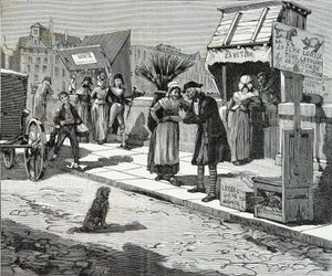 Hundeschneider auf der Pont Neuf in Paris um 1796, Gravur, Private Sammlung von Anonymous Anonymous