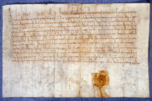 Schenkung von König Karl dem Großen (Karl I., Karl der Große oder Carolus Magnus) (742-814) von den Domänen Luzarches und Mussy an die Abtei von Saint Denis am 25.02.775. Paris, Nationalarchiv