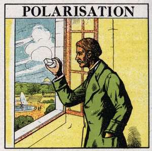 Doppelbrechung: Etienne Louis Malus (1775-1812) beobachtet durch einen Spat die Lichtstrahlen der untergehenden Sonne, die von den Glasfenstern des Luxemburger Palastes im Jahr 1808 reflektiert werden. Anonyme Illustration von 1925. Private Sammlung. von Anonymous Anonymous