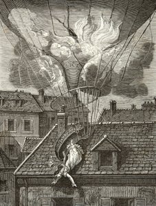 Dramatischer Tod von Madame Sophie Blanchard (1778-1819), Aeronautin am 6. Juli 1819 über den Gärten von Tivoli in Paris, Gravur, Private Sammlung