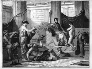 Erziehung in Sparta im antiken Griechenland: Ein betrunkener Sklave wird einem Jungen vorgestellt, um ihm die Gefahren des Alkohols zu zeigen. Gravur von 1880 in „La république illustrée“, private Sammlung.
