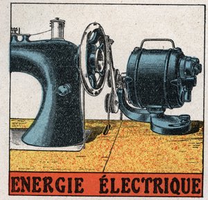 Elektrische Energie: elektrische Nähmaschine. Anonyme Illustration von 1925. Private Sammlung. von Anonymous Anonymous