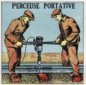 Elektrische Werkzeuge: tragbare Bohrmaschine. Anonyme Illustration von 1925. Private Sammlung.