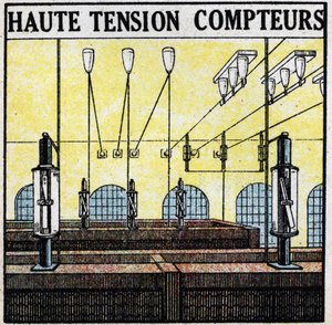 Elektrische Leitungen: Hochspannungsmesser. Anonyme Illustration von 1925. Private Sammlung. von Anonymous Anonymous