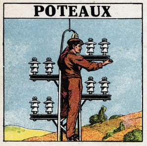 Elektrische Leitungen: Strommasten. Anonyme Illustration von 1925. Private Sammlung.