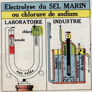 Elektrochemie: Elektrolyse von Meersalz oder Natriumchlorid. Anonyme Illustration von 1925. Private Sammlung. von Anonymous Anonymous