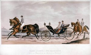 Elisabeth (Sissi) und Franz Joseph I. (1830 - 1916) aus Österreich bei einer Kutschfahrt. Gravur 19. Jahrhundert. Privatsammlung