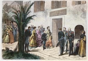 Kaiserin Eugenia und Prinz Louis Napoleon besuchen das Haus, in dem Napoleon I. geboren wurde, in Ajaccio, Korsika, Frankreich 1869 - Reise des Kaisers und des kaiserlichen Prinzen - Besuch des Hauses von Napoleon I. in Ajaccio - 1869