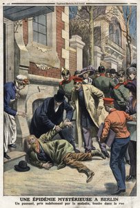 Epidemie in Berlin: Ein Passant, der plötzlich von der Krankheit erfasst wird, fällt auf die Straße. Es war eine Vergiftung durch gefälschte Getränke. Gravur in „Le Petite Journal“