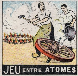 Äther (Material): Spiel zwischen Atomen. Wagenbauer machen ein Rad. Anonyme Illustration von 1925. Private Sammlung. von Anonymous Anonymous