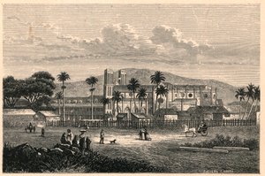 Außenansicht der Kathedrale von Port of Spain in Trinidad. Gravur in „Les Missions Catholiques au XIXeme Siecle“ von Louis-Eugene Louvet. Private Sammlung