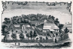 Außenansicht des Pfarrhauses und der Schule von Hell-Ville, Hauptstadt der Insel Nosy Be in Madagaskar. Gravur in „Les Missions Catholiques au XIXème Siècle“ von Louis-Eugène Louvet. Private Sammlung.