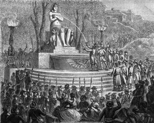 Fest der neuen Verfassung (29. Thermidor Jahr I oder 10. August 1793) - Der Brunnen der Regeneration auf den Trümmern der Bastille (10. August 1793) - Gravur in „Histoire des Girondins“ von Alphonse de Lamartine (1790-1869) 1865-1866 - Private Sammlung von Anonymous Anonymous