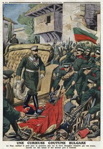 Erster Balkankrieg: Zar Ferdinand I. von Bulgarien (1861-1948) marschiert auf fremden, von seiner Armee eroberten Gebieten in Mustapha-Pasha (heute Ferdinandovo), tritt auf die Waffen und Fahnen der Feinde. Illustration aus „The Little Journal“ von Anonymous Anonymous
