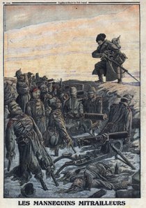 Erster Weltkrieg 1914-1918 (Krieg 14-18). Deutsche Soldaten benutzen Schaufensterpuppen, die sie in Schützengräben mit Maschinengewehren haben, um den russischen Feind zu täuschen. In „Le Petite Journal“, am 06.02.1916. Private Sammlung von Anonymous Anonymous