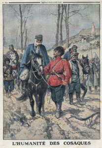 Erster Weltkrieg 1914-1918. Pferde werden kranken oder verletzten österreichischen Gefangenen der Kaukasusarmee geliehen. In „Le Petite Journal“, am 23.07.1916. Private Sammlung