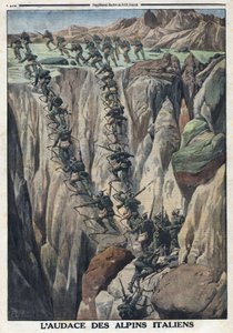 Erster Weltkrieg 1914-1918. Italienische Soldaten erklimmen den Gipfel des Cauriol in den Fiemme Alpen in Italien. In „Le Petite Journal“, am 8. Oktober