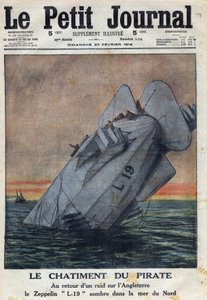 Erster Weltkrieg 1914-1918. Bei der Rückkehr eines Angriffs auf England scheiterte der Zeppelin L-19 der deutschen Luftwaffe in der Nordsee. In „Le Petite Journal“, am 27.02.1916. Private Sammlung von Anonymous Anonymous