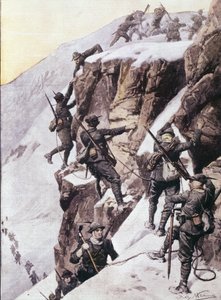 Erster Weltkrieg: Italienische Alpenjäger besteigen den Gipfel der Tuckettspitze, Alpen um 1915. Illustration aus 